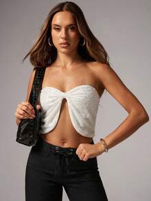 Avenya Women's Pleated Hem Slit Sexy Versatile Date Party Tube Top - White - View 1