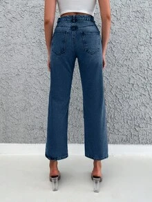 EURMUSE Women's High Waist Pockets Casual Versatile Cropped Jeans - Medium Wash - View 2