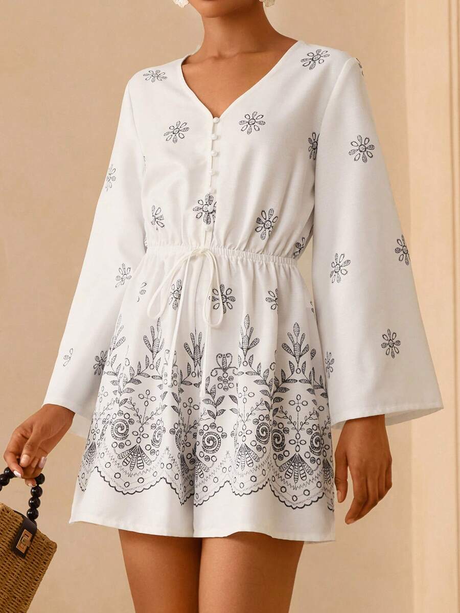 Vesra 女士印花V领长袖休闲连体裤 - 白色 - 查看 1