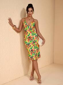 JIAN LASALA Đầm mùa hè cho nữ, cổ chữ V, dáng đuôi cá, in họa tiết hoa nhiệt đới đa sắc, chất liệu jersey, thích hợp cho kỳ nghỉ hoặc đi biển. - Nhiều màu - Xem 1