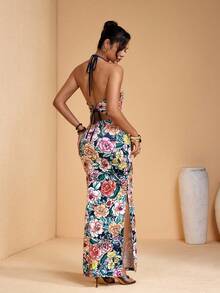 JIAN LASALA Multi Floral Print Halter Neck Tie Backless Women Summer Long Dress Vacation Casual Elegant - Multicolor - View 2