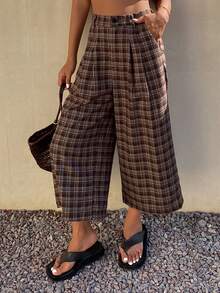 DAZY Contrast Color Plaid Loose Capri Pants, Casual Women Trousers For Spring & Autumn - Brown - View 4