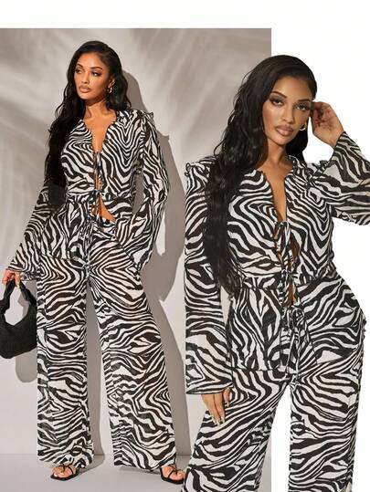 Radiana Women's Summer Sexy Casual Zebra Print Chiffon 2-Piece Set, Ruffled Chiffon Cover Up Top And High Waist Wide Leg Pants, Lightweight Flowing Chiffon Set, Cover Up Set, Pants Set, Casual 2-Piece Set, Casual Wear, Comfortable Relaxed Casual Holiday Set, Beach Set, Swimsuit Cover Up, Suitable For Casual Outings, Island Vacations, Beaches, Holidays, Festivals, Concerts