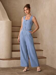 Selenza Women's Casual Everyday Wear & Date Outfit Denim Jumpsuit With Pockets - Blue - View 7