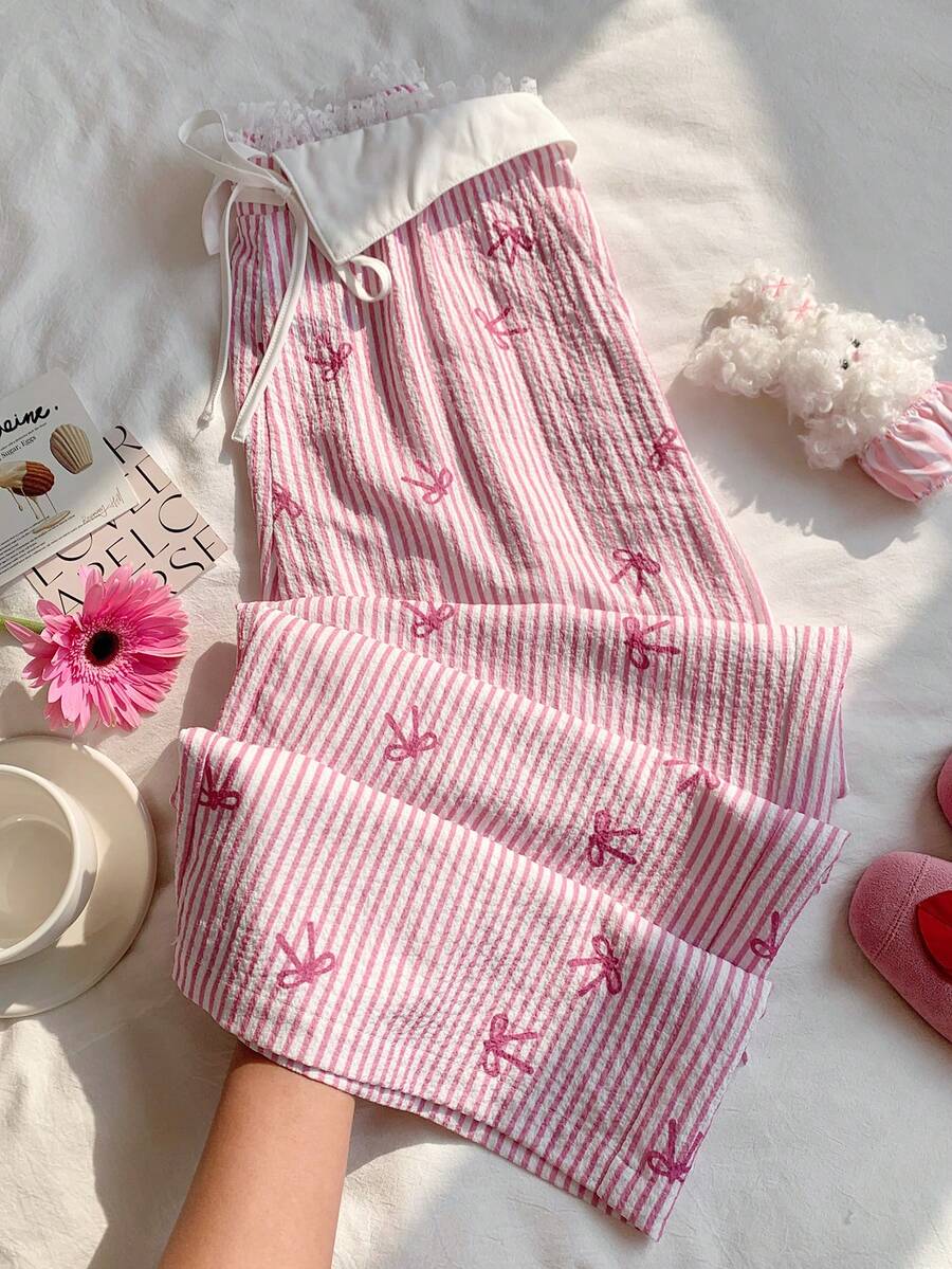 Comfortcana Women's Bow Tie Waist Tie Wide Leg Pants Valentine's Day Summer For Women Spring Spring Break Spring Women Vacation Graduation Women Wedding Party Ceremony Elegant Vacation Casual Casual Women's Casual Women's Waist Lace Bow Tie Decoration Pink Pants Pink Bow Stripe Graphic Pants Y2K 2000s Style Cute Pants, Valentine's Day, Carnival, Beach, Holiday, Home Leisure, Street, College - Pink - View 1