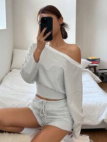 DAZY Casual Striped Asymmetrical Shoulder Women Pajama Set - White - View 9