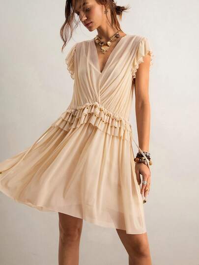 Freevana 女士纯色V领短袖荷叶边下摆优雅连衣裙