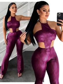 SHEIN SXY Sexy Burgundy Hollow-Out Jumpsuit Sexy Jumpsuits Snakeskin Jumpsuit Club Jumpsuit Cut Out Jumpsuit - Hot Pink - View 6