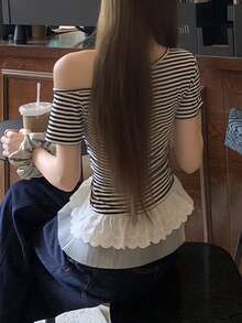 FRIFUL Women's Striped Asymmetrical Shoulder Fitted Lace Embroidered Hem Sweet Short Sleeve T-Shirt - Black and White - View 3