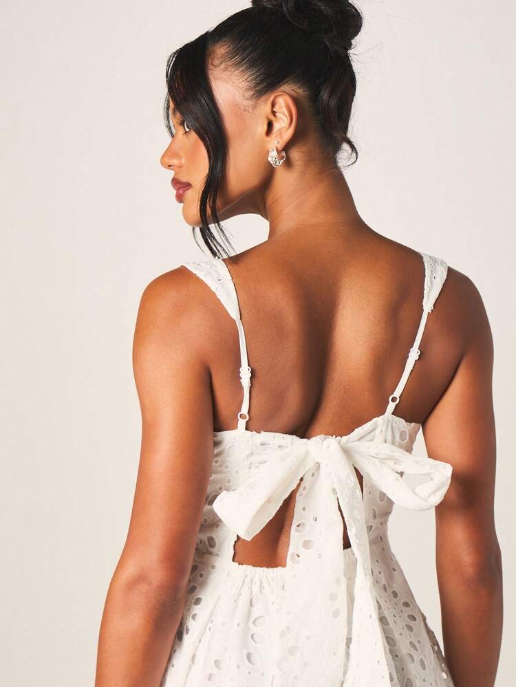 MISSGUIDED White Embroidered Eyelet Sleeveless Square Neck Mini Dress With Tie Back Detail Beach Summer Flowy A-Line Feminine Cottage Core Vacation Resort Wear