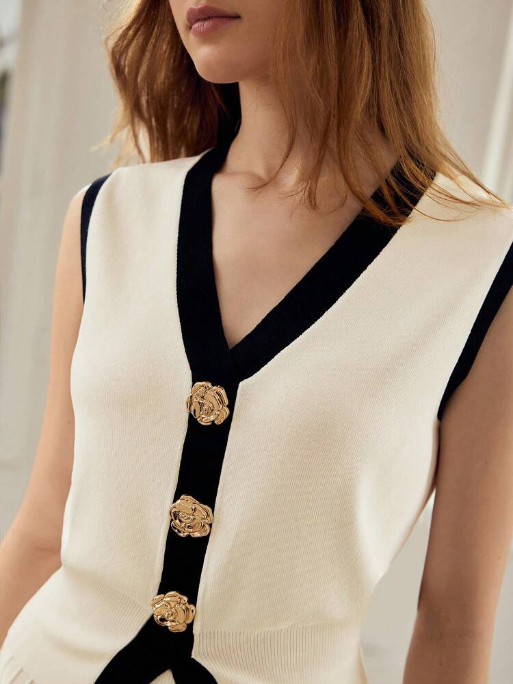 WOMEN'S SLEEVELESS CONTRAST COLOR KNIT TOP, SPRING/SUMMER