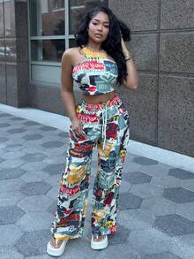 Alexandranx Slaydiva 女士秋装/女士冬装/女士外出上衣/Y2k 服饰/街头服饰/涂鸦印花/2 件女士休闲街头紧身吊带背心和宽松裤子套装/适合 S - 彩色 - 查看 4