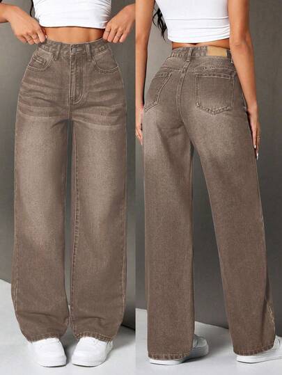 SHEIN Tall Damen Hohe Taille Jeans mit Taschen und weitem Bein, lässig