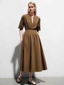 Aveloria Modichic 欧美风春夏新款时尚百搭收腰喇叭纯色优雅职业短袖连衣裙 - 咖啡棕 - 查看 5