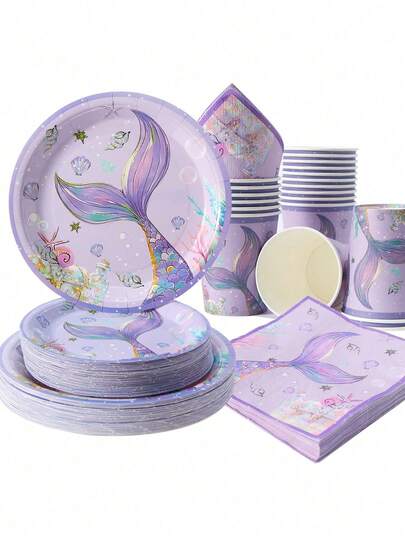 Purple Large Fish Tail Ocean-Themed Disposable Paper Plates, Napkins, And Cups, Purple Large Fish Tail Plates, Napkins, And Cups For Party Supplies, Suitable For 25 Guests, Disposable Paper Plates For Party Tableware, Suitable For Birthday Weddings, Parties, And Family Picnics