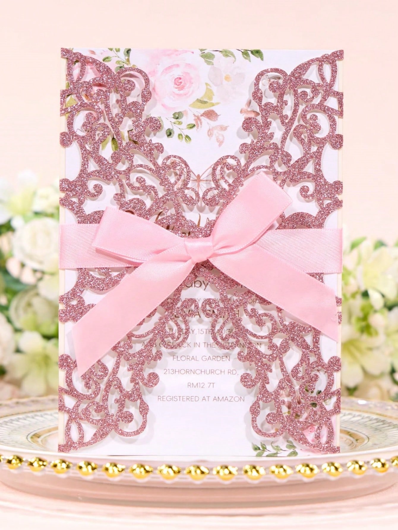 20 laser-cut wedding invitation cards in shiny pin...