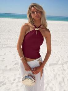 Sydney Algeri 2025 Nova Top de Tricô com Decote em Metal para Mulheres no Outono/Inverno - Vinho - Visão 5