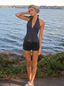 Sydney Algeri Halter Deep V-Neck Cinched Waist A-Line Backless Striped Tank Top - Grey - View 4