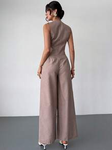 Firerie 女士优雅休闲简约通勤办公日常度假V领无袖不规则下摆金属扣卡其色马甲和高腰阔腿直筒裤两件套，通勤工作服套装，端庄得体，机场穿搭，度假穿搭，教师装，老派风格两件套 - 卡其色 - 查看 3