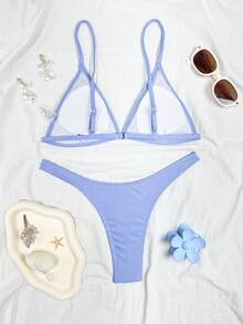 Swim SXY 新款夏季纯色罗纹三角杯性感比基尼泳装 - 淺藍色 - 查看 2