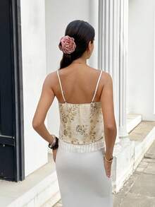 Serisse Áo tank top không tay dây mảnh đính sequin họa tiết hoa nhí cho nữ, mùa hè, áo hai dây tua rua đính sequin kiểu Pháp, thiết kế buộc dây thanh lịch, áo crop top gợi cảm, áo đính sequin, áo lấp lánh, áo thêu sequin, áo mùa hè nhẹ nhàng sang trọng thanh lịch dành cho nữ, kỳ nghỉ hè, kỳ nghỉ cho nữ, áo kiểu thanh lịch dành cho nữ, áo phù dâu, áo dự tiệc. - Màu be - Xem 2