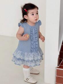 DAZY Baby Girl Round Neck Cap Sleeve Plaid Embroidered Ruffle Hem Cute Dress - Yellow - View 1