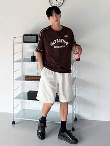 DAZY Men's Letter Print Round Neck Half-Zip T-Shirt, Summer Graphic Tees Men - Brown - View 5