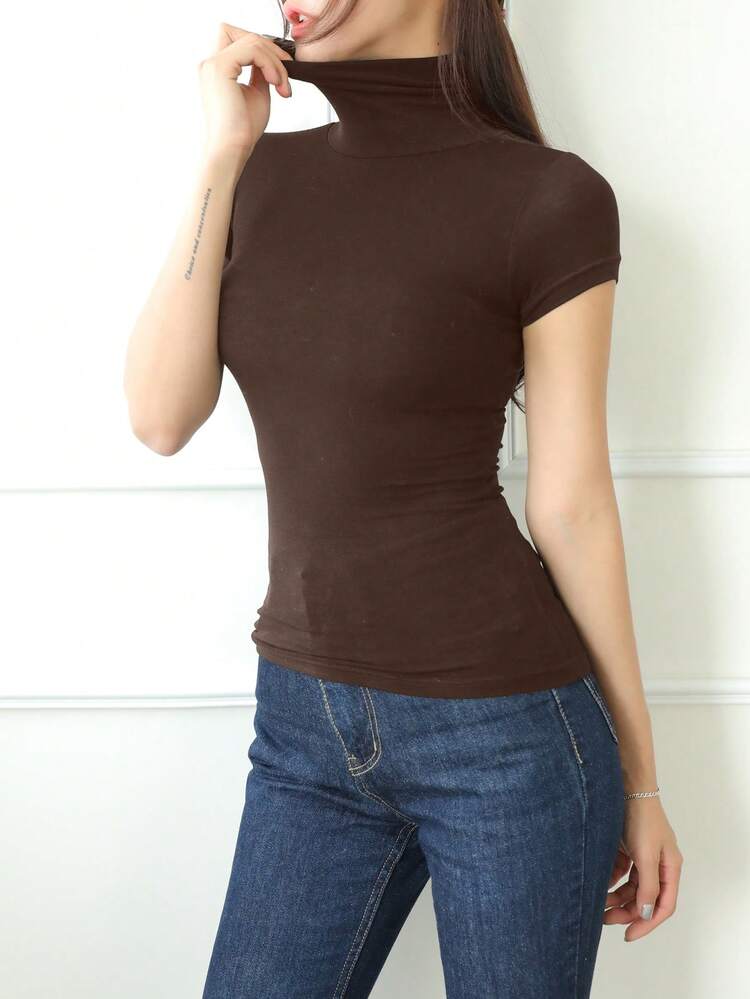 Women's Solid Color Short Sleeve Turtleneck Slim Fit Undershirt Summer
