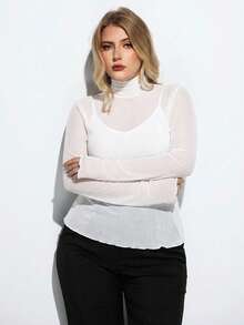 Maija 大码女式立领网纱休闲百搭长袖T恤，适合约会、圣帕特里克节、复活节、夏季、派对、海滩、夏季假期、毕业典礼等场合，白色高领女式上衣，长袖女式上衣，休闲优雅大码女式上衣，薄纱长袖上衣 - 白色 - 查看 3