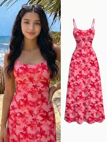 SHEIN Teen Girl Casual Vacation Floral Print Spaghetti Strap Dress - Red - View 7