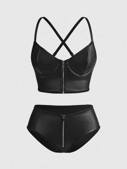 ROMWE Grunge Punk Dark Punk PU Zipper Cross Bra And Thong Sexy Lingerie Set