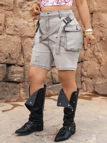 SHEIN SXY 大码女式弹力牛仔工装短裤，修身弹力牛仔短裤 - 淺灰色 - 查看 4