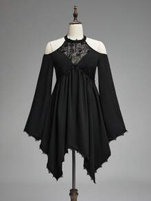 ROMWE Boho Goth Dark Forbidden Forest Snake Dreamcatcher Embroidery Hollow Design Flare Sleeve Asymmetrical Hem Dress - Black - View 1