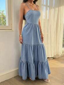 Breezaya Women's Denim Extra Long High Slit Dress - Blue - View 4