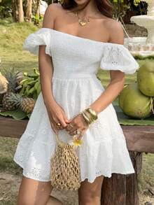 KARISMINA 女士优雅浪漫露肩白色刺绣连衣裙，适合春夏度假 - 白色 - 查看 4