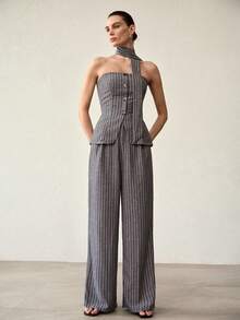 MOTF PREMIUM 2 PIEZAS CONJUNTO DE TOP TUBO Y PANTALONES CON ESTAMPADO A RAYAS Y CINTURÓN CASUAL - Gris - Ver 5