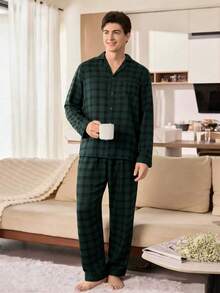 CoupledUp 格子印花泡泡褶男士长袖开衫和裤子睡衣套装 - 綠色 - 查看 4