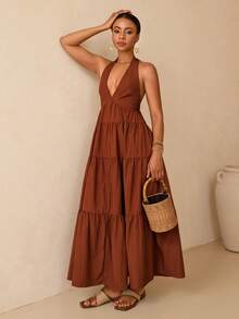 Vesra Women's Deep V-Neck Halter Long Dress For Beach Vacation - Burnt Orange - View 5