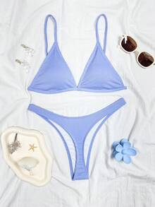 Swim SXY 新款夏季纯色罗纹三角杯性感比基尼泳装 - 淺藍色 - 查看 3