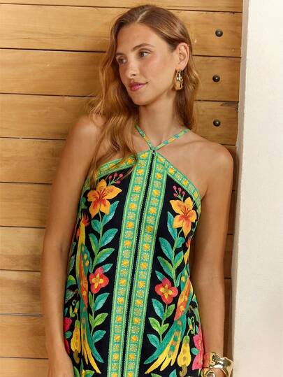 CAJUNI Vestido corto casual de vacaciones tropicales para mujer con estampado de loro floral verde y beige, sin mangas, con escote halter y hombros descubiertos, para uso al aire libre, citas y tiempo libre