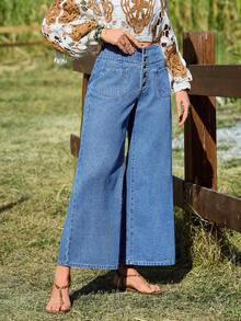 EMERY ROSE Women's Pocket Button Casual Versatile Daily Wear Wide Leg Jeans - Blue - View 4