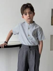 DAZY Tween Boy Striped Short Sleeve Button-Up Casual Shirt - Grey - View 2