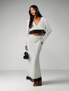 MISSGUIDED Polka Dot Two Piece Outfit With Lace Trim Button Front Crop Top And Maxi Skirt Set - White - View 1