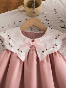 1pc Girls Cute Doll Dress, Pink Embroidered Ruffle Collar, Ribbon Bow, Loose Fit Sleeveless Backless Dress, Fashionable & Sweet, Suitable For Summer - Pink - View 7