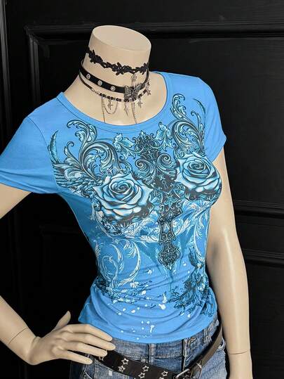 EgrlEra Women's Fashionable Punk Print Round Neck T-Shirt, Multi-Color