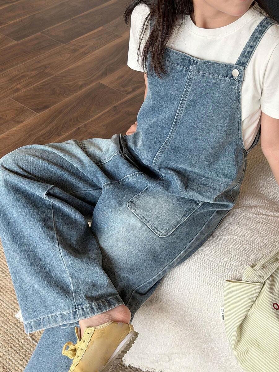 Dazy Kids Bộ áo liền quần denim ống rộng dáng rộng có túi dành cho bé gái tuổi teen - Màu xanh lam - Xem 1