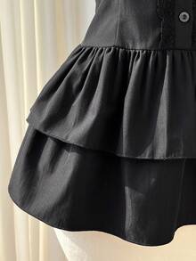 Elamini Women's Black Lace Collar Patchwork Ruffle Hem Fitted Bubble Sleeve Dress, Dark, Collegiate Style, Versatile - Black - View 7