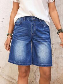 SHEIN LUNE Women's Vacation Casual Washed Wide Leg Denim Shorts - Blue - View 4