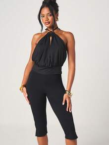 MISSGUIDED Halter Neck Draped Crop Top With Keyhole Front And Tie Back Detail For Summer Evenings And Party Occasions - Black - View 4