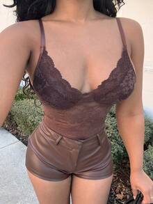 Alexandranx 女士黑色低胸蕾丝性感可调节吊带紧身衣 适合情人节女士服装、女士春季服装、情人节服装 - 咖啡棕 - 查看 3